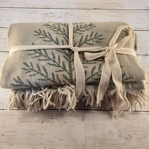NWOT World Market Pine Tree Woven Throw Blanket Green Cream Fringe 50x60 OEKO-TE